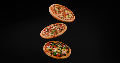 Floating Pizza Stack Composition on Black Background 3D Render