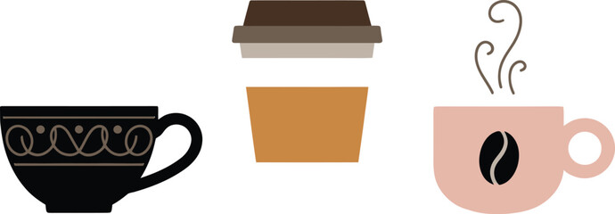 Coffee Cup Collection Illustration &ndash; Ceramic Mug, Takeaway Coffee Cup and Steaming Espresso Cup in Minimal Flat Design