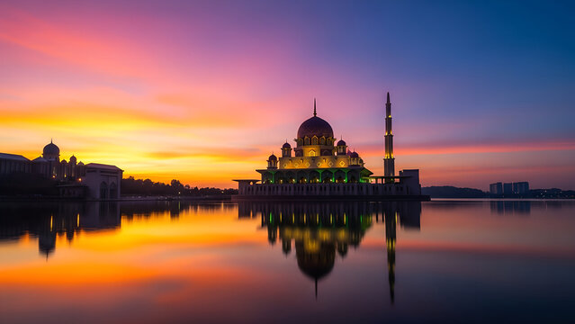 Beautiful Ramadan sunset over a mosque reflected in calm water with vibrant colors in the sky