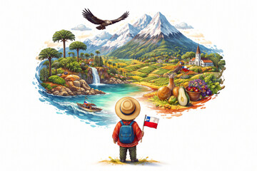 Chilean Child with Expansive Rising Landscape in Wide Vector Illustration