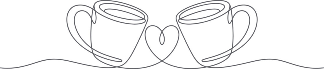 Continuous Line Two Coffee Cups with Heart Illustration &ndash; Minimal One Line Drawing Symbolizing Love, Togetherness and Cozy Coffee Moments