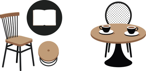 Cozy Caf&eacute; Interior Furniture Illustration Set &ndash; Wooden Chair, Round Table with Coffee Cups, Open Book and Stool in Modern Flat Design