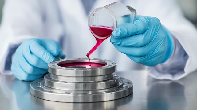 Quality control engineer applying red dyepenetrant liquid on a metal mold highlighting cracks and imperfections for thorough defect analysis.