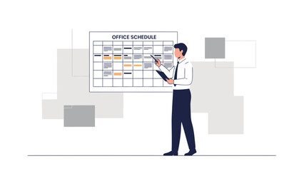 Fototapeta premium Businessman pointing at office schedule board, planning, organizing, time management