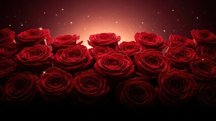 Luxurious deep red roses bouquet, velvety petals, dramatically lit by a warm gradient glow and sparkling golden particles, ideal for romance and celebrations.