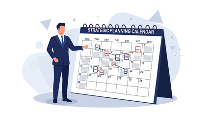 Businessman pointing at strategic planning calendar with tasks and deadlines marked