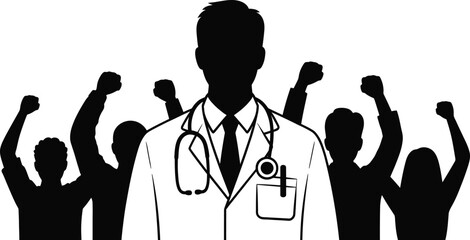 Doctor Silhouette with Supporting Crowd Illustration &ndash; Medical Professional Leadership, Healthcare Hero and Community Support Concept in Black and White Design