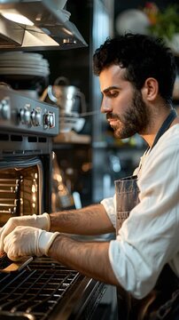 A chef works in a restaurant kitchen. He places dishes into the oven as he prepares food for customers. The kitchen is busy with sounds of cooking and food preparation