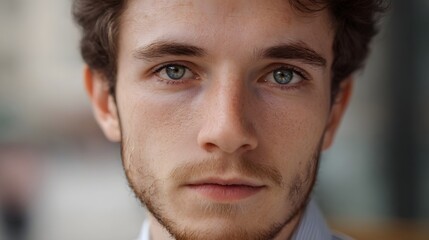 Fototapeta premium Close up portrait of a young man with striking blue eyes and subtle freckles looking directly ahead with a focused expression