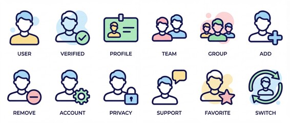 A collection of user interface icons representing profiles, teams, and privacy settings in a modern flat design.