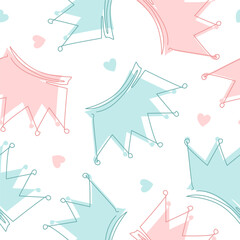 Gender Party Baby Crowns Seamless Pattern. Boy or Girl Reveal, He or She Pink and Blue Vector Background. Nursery Cute Backdrop.