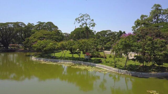  Futuristic aerial view panorama of developing Yangon city , Aerial view of Sule pagoda in downtown, Yangon, Myanmar. Sule Pagoda located in the heart of Yangon, Karaweik royal barge, Kandawgyi Lake, 