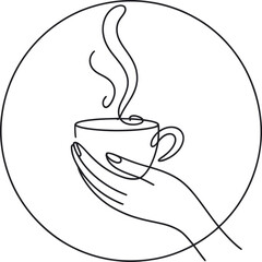 Hand Holding Hot Coffee Cup Line Art Illustration &ndash; Minimal One Line Drawing of Warm Beverage, Care and Cozy Coffee Moment in Circular Frame