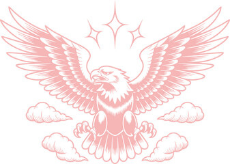 Majestic Eagle with Spread Wings Illustration &ndash; Powerful Flying Bird Artwork with Clouds and Sparkle Elements in Soft Pink Line Art Style