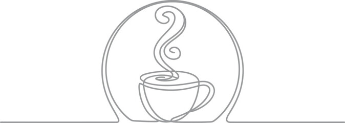 Minimal One Line Coffee Cup Illustration in Circular Frame &ndash; Elegant Continuous Line Drawing of Hot Beverage, Calm Mood and Caf&eacute; Aesthetic Design