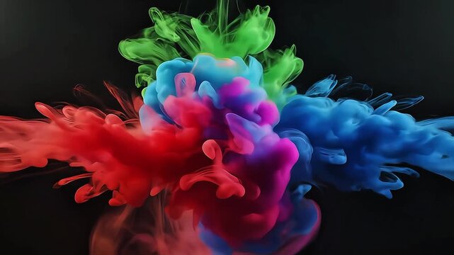 Vivid cinematic shot of vibrant red, green, and blue liquid color smoke exploding dynamically underwater creating beautiful abstract fluid motion art against a dark background.