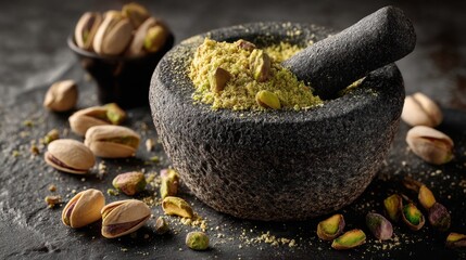 Pistachios in stone mortar and pestle with crushed nuts.