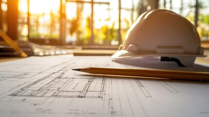 Blueprint hardhat and pencil on table