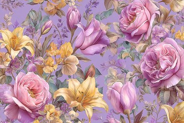 Elegant, chic, vintage watercolor seamless repeating pattern featuring roses, tulips, daffodils, lilies, wildflowers