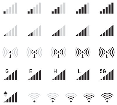 Collection of mobile signal strength and wireless connectivity icons showing different levels, networks and technologies including 2G, 3G, 4G, LTE, 5G and WiFi. Ideal for apps, UI, web and technology.