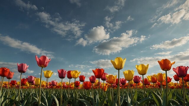 Colorful tulip field under blue sky with scattered clouds - Powered by Adobe