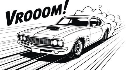 Vroom Muscle Car Speed Illustration &ndash; Classic American Sports Car Racing Fast with Smoke and Motion Lines in Bold Black and White Comic Style