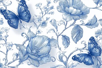 Elegant, chic blue and white pattern with butterfly and honeysuckle toile, elegant scroll motif