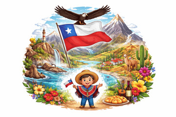 Chilean Child with Expansive Rising Landscape in Wide Vector Illustration