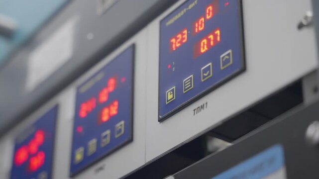 Close-up of an industrial control panel with illuminated digital displays and status icons, showing real-time measurements and system parameters in a manufacturing or laboratory setting.