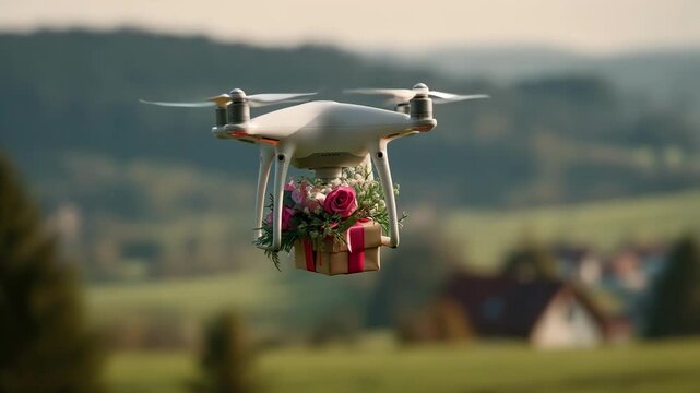 Medium shot of a drone flying over serene rural fields gently lowering a bouquet to a quaint countryside doorstep for flower delivery