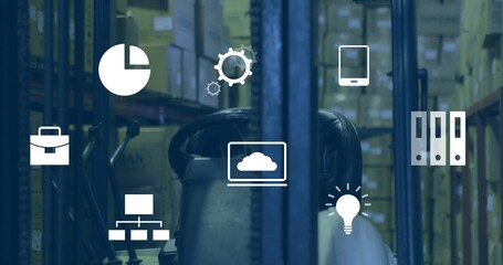 Showing forklift operator area centering in warehouse aisle, with wheel, seatback, overlay icons