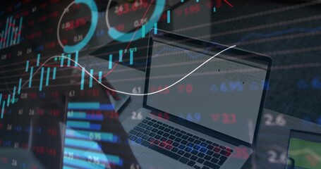 Showing open laptop with window on wooden desk showing candlestick charts, tickers and tablet right