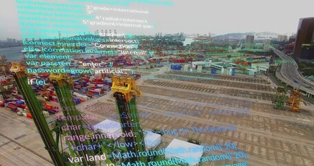 Displaying green yellow gantry cranes and container stacks at port, with code overlay