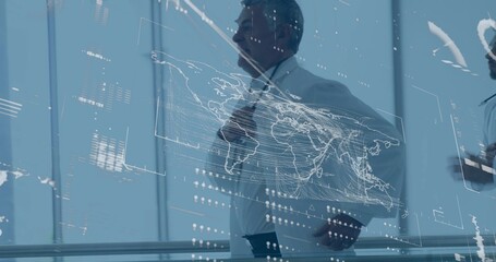 Walking senior in suit and tie adjusting tie in modern glass atrium, with holographic map overlays