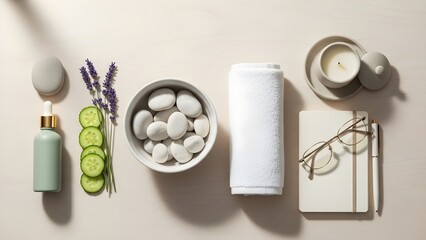 Closeup of skin care products with glasses flat lay on the solid surface with shadow due to the sunlight 