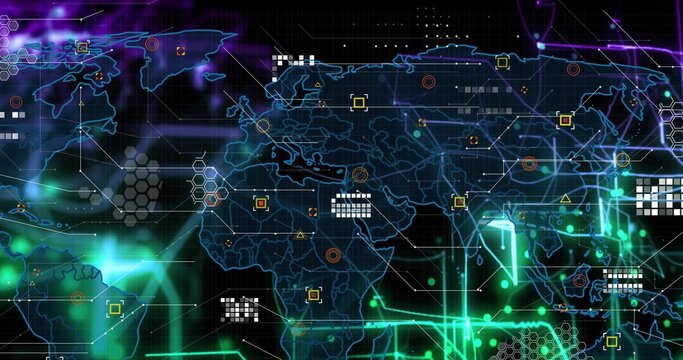 Displaying neon-blue world map projecting network traces at cyber console, with hex panels - Powered by Adobe
