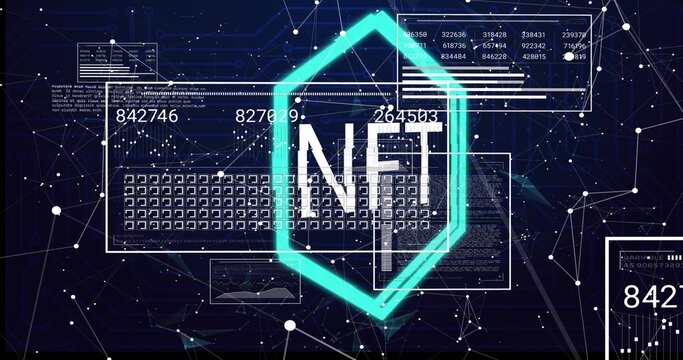 Glowing cyan hexagon framing NFT letters in dark digital interface, with HUD panels - Powered by Adobe