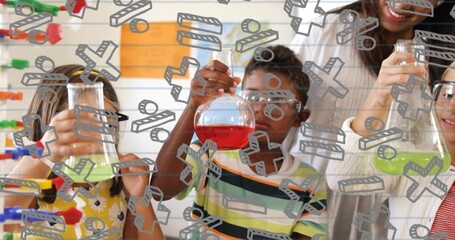 Male child in striped shirt holding red round-bottom flask in school lab, goggles and math overlay