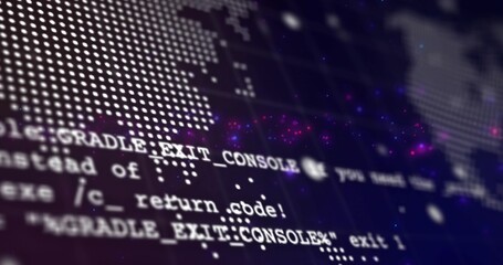 Displaying moving monospaced code with GRADLE_EXIT_CONSOLE on screen with dotmap, purple particles