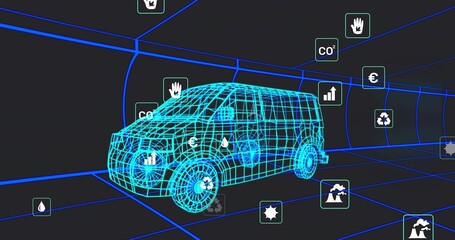 Displaying cyan wireframe van model linking CO2, euro, water, recycling metrics in virtual tunnel