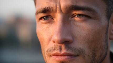 Obraz premium Close up portrait of a determined man s face illuminated by warm sunset light