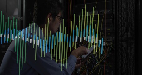 Testing Korean tech in blue-shirt specs fixing cables in datacenter with tablet overlay, copy space