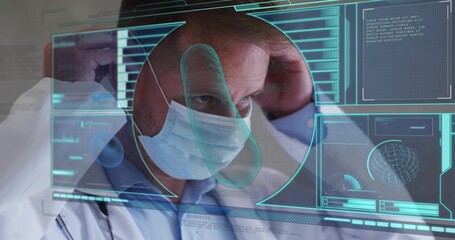 Examining doctor adjusting mask and viewing AR display in clinic, with lab coat, dress shirt, tie
