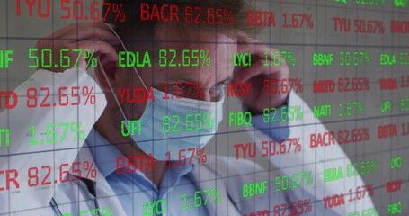 Adjusting male doctor touching mask ear loop in ward showing coat stethoscope glass stock ticker