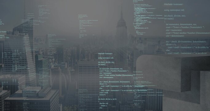 Displaying hazy metro skyline occupying center from concrete ledge right, with C++ code overlay