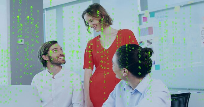 Presenting woman in red dress leaning, speaking at office, with glass whiteboard binary overlay - Powered by Adobe