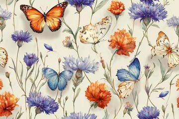 Elegant, chic, vintage seamless repeating pattern featuring butterflies fluttering gracefully,  wildflowers