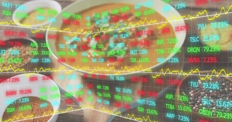 Showing three white bowls holding red-yellow spices, pepper scoop on market stall with stock ticker