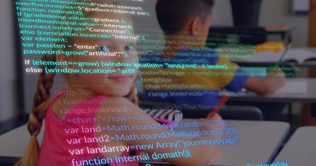 Sitting student with braid in pink top using laptop at classroom desk, code overlay, copy space