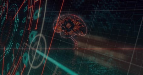 Hovering glowing brain circuit showing chip traces above reflective grid, with HUD, copy space